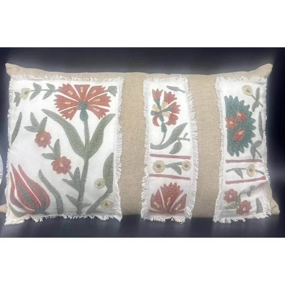 Shabby Chic Brand Tan w/ Colorful Embroidered Flowers Rectangular Pillow 25 X 16
